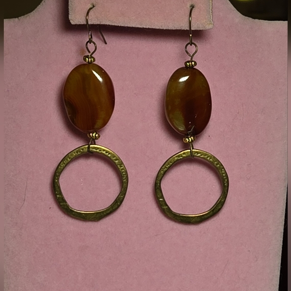 Hand Crafted Jewelry - Handmade Pierced Earrings with Brown and Green Oval Agate Beads & Brass Rings